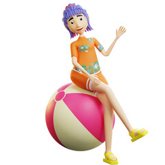 3d character summer sits on a big ball