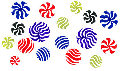 Striped circles of different sizes isolated on a white background. Straight stripes, wavy, to the center of the circle. Blue, red, black and gold colors. Popsicles