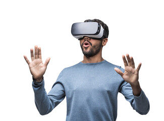 Young man using virtual reality headset isolated in transparent PNG, VR, future gadgets, technology, virtual event, video game concept - 629829071