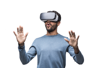 Young man using virtual reality headset isolated in transparent PNG, VR, future gadgets, technology, virtual event, video game concept