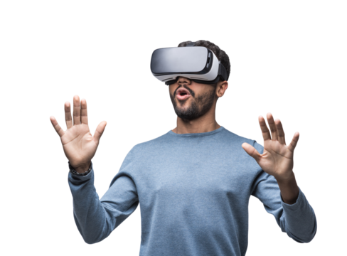 Young man using virtual reality headset isolated in transparent PNG, VR, future gadgets, technology, virtual event, video game concept