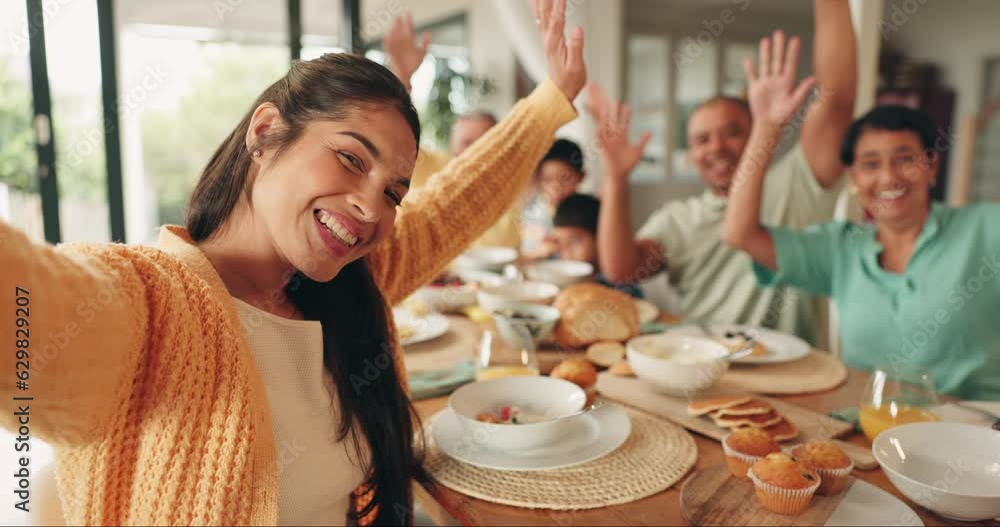 Sticker Family, selfie and eating with generations, happiness and live streaming with excited people at home and memory. Grandparents, parents and kids, social media post and happy in picture at breakfast