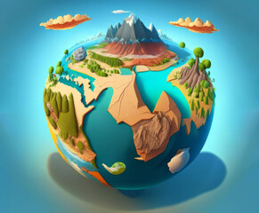 3d model the earth with mountains, rivers and trees, AI generated