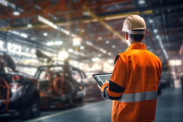 Obraz premium Male Mechanic Uses a Tablet Computer with an Augmented Reality Diagnostics Software. Specialist Inspecting Car. Generative Ai.