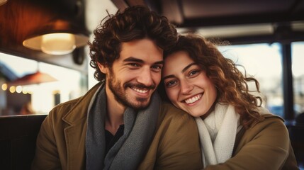Fototapeta premium Happy couple on vacation. Lovers are laughing. Happy guy and girl. Lovers enjoy each other outdoor. Generative Ai.