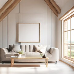 Frame mockup in farmhouse living room interior background, 3d render