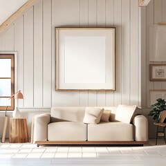 Frame mockup in farmhouse living room interior background, 3d render