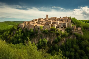 Obraz premium Panorama of Sorano medieval town on a cliff in Tuscany, Italy, Generative AI
