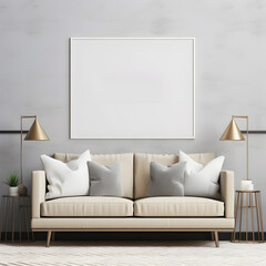 Mockup empty blank poster frame sitting on top of a sofa contemporary style living room