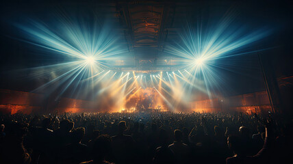 photorealism of Photo of a concert hall with people silhouettes clapping in front of a big stage lit by spotlights