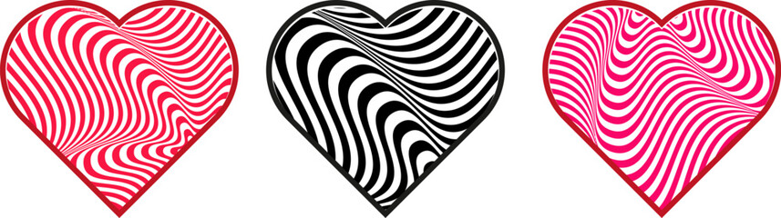 Vector Love symbol wave line hearts set - red, black and pink - contour heart isolated. Optical illusion. Impossible shapes.