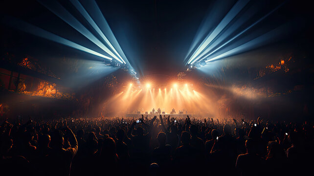 photorealism of Photo of a concert hall with people silhouettes clapping in front of a big stage lit by spotlights