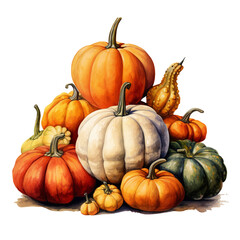 Pile of various pumpkins watercolor style on white background
