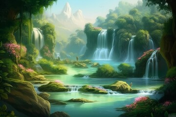 Fototapeta na wymiar Illustration of beautiful fantasy river in lush jungle with waterfalls, Generative AI