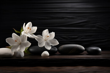 Fototapeta na wymiar White orchid and spa stones on the Dark background