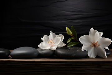 Obraz na płótnie Canvas White orchid and spa stones on the Dark background