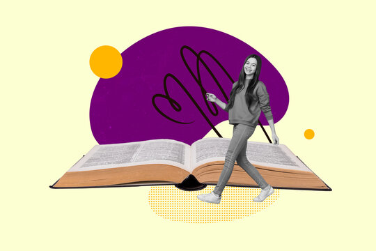 Creative abstract template collage of walking going young female teenager youngster bookworm schoolkid college dictionary language learning