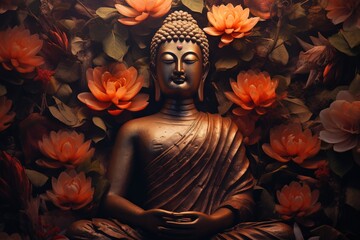 Buddha statue surrounded by orange flowers on a black background.Generative Ai