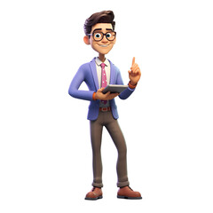 3D cartoon character happy smiling young businessman standing holding tablet computer, Full body isolated on white and transparent background, ai generate