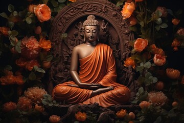 Buddha statue surrounded by orange flowers on a black background.Generative Ai