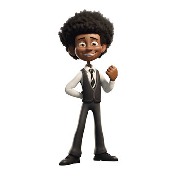  3D cartoon character happy smiling black young businessman standing posing in a suit with his arms crossed, full body isolated on white and transparent background, ai generate