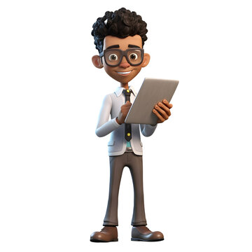 3D cartoon character happy smiling black young businessman standing holding tablet computer, Full body isolated on white and transparent background, ai generate