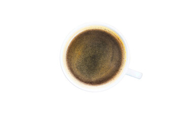 One white cup with coffee on a transparent and white background. View from above. PNG.
