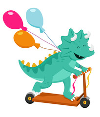 Cute Triceratops Riding Scooter With Balloons © pinipin
