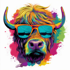 Abstract highland cow with sunglasses and a hat. Colorful. AI Generated