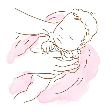新生児の沐浴の線画イラスト・カラー　Newborn bathing line drawing illustration color