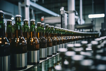 Factory for the production of beer. Brewery conveyor with glass beer drink alcohol bottles, modern production line. Blurred background. Modern production for bottling drinks. Selective focus. - obrazy, fototapety, plakaty