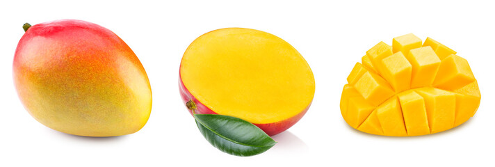 Isolated mango. Fresh organic mango with leaves isolated clipping path. Mango macro studio photo.