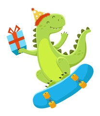 Cute Birthday Dinosaur With Skateboard