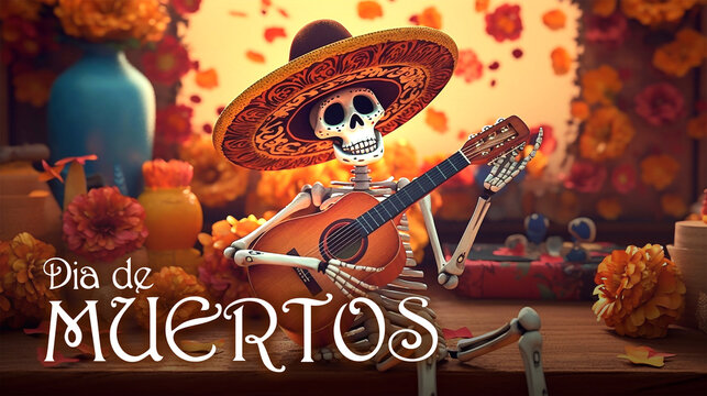 Day of The Dead or  Dia de los Muertos Poster Design with Skeleton Playing Guitar, Orange Flowers and Burning Candles.