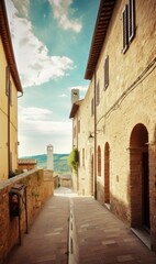 Street of old town of San Gimignano with beautiful view on Tuscany, Italy, Generative AI