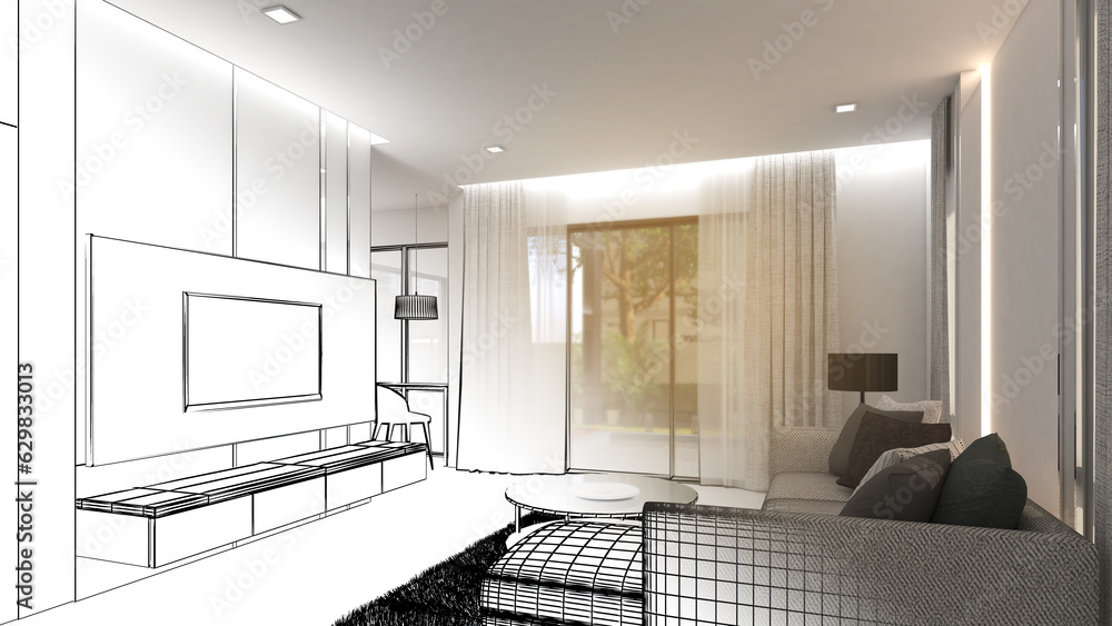 Poster there is a sofa and a tv in the living area of the home.a combination of line drawings and color.,3d
