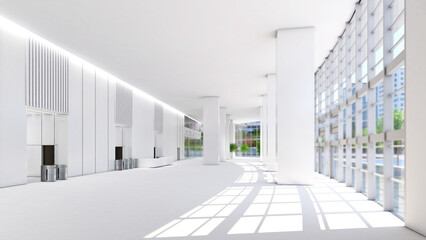 large office hall The white structure shines with light.Office space,3d rendering
