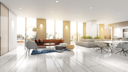 Naklejka na ściany i meble Living area and dining area in a high-rise condo building.,3d rendering