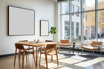 a dining room space with chairs, coffee table and a large art print, in the style of letterism, yankeecore, leather/hide, yale university school of art - Generative AI