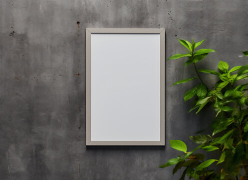Blank mockup poster hanging against concrete wall surrounded by greenery. - Generative AI