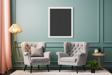 Poster frame mockup in home interior with old retro furniture - Generative AI