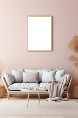 Mockup frame in interior background, room in light pastel colors, Scandi-Boho style, aspect  - Generative AI