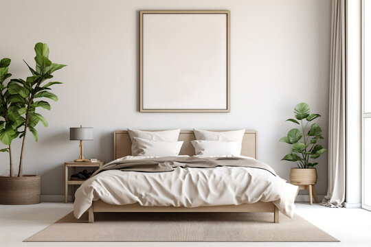 Mockup frame in cozy beige bedroom interior background - Generative AI
