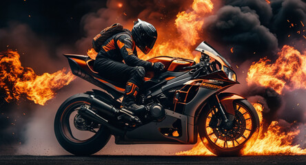 Super sport bike with fire for automotive background
