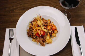 Special meat dinner and red wine at a luxury restaurant