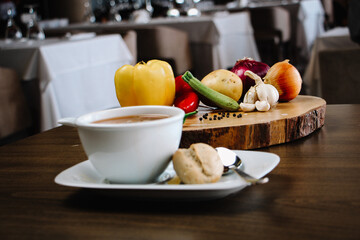 Onion soup in a stylish and luxurious restaurant