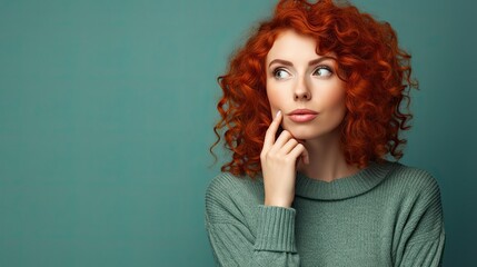 Portrait of beautiful thoughtful pensive ginger young woman with red curly hair on blue background, with copy space for text advertisement, ai generative