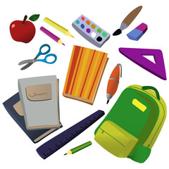 A set of educational school supplies backpack, pencils, brushes, paints, ruler, stickers, scissors, books. Simple stationery for children. Back to school. Flat illustration