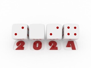 3d rendering of  white  dice on white  background. 2024 Merry Christmas and Happy New Year concept.