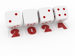 3d rendering of  white  dice on white  background. 2024 Merry Christmas and Happy New Year concept.